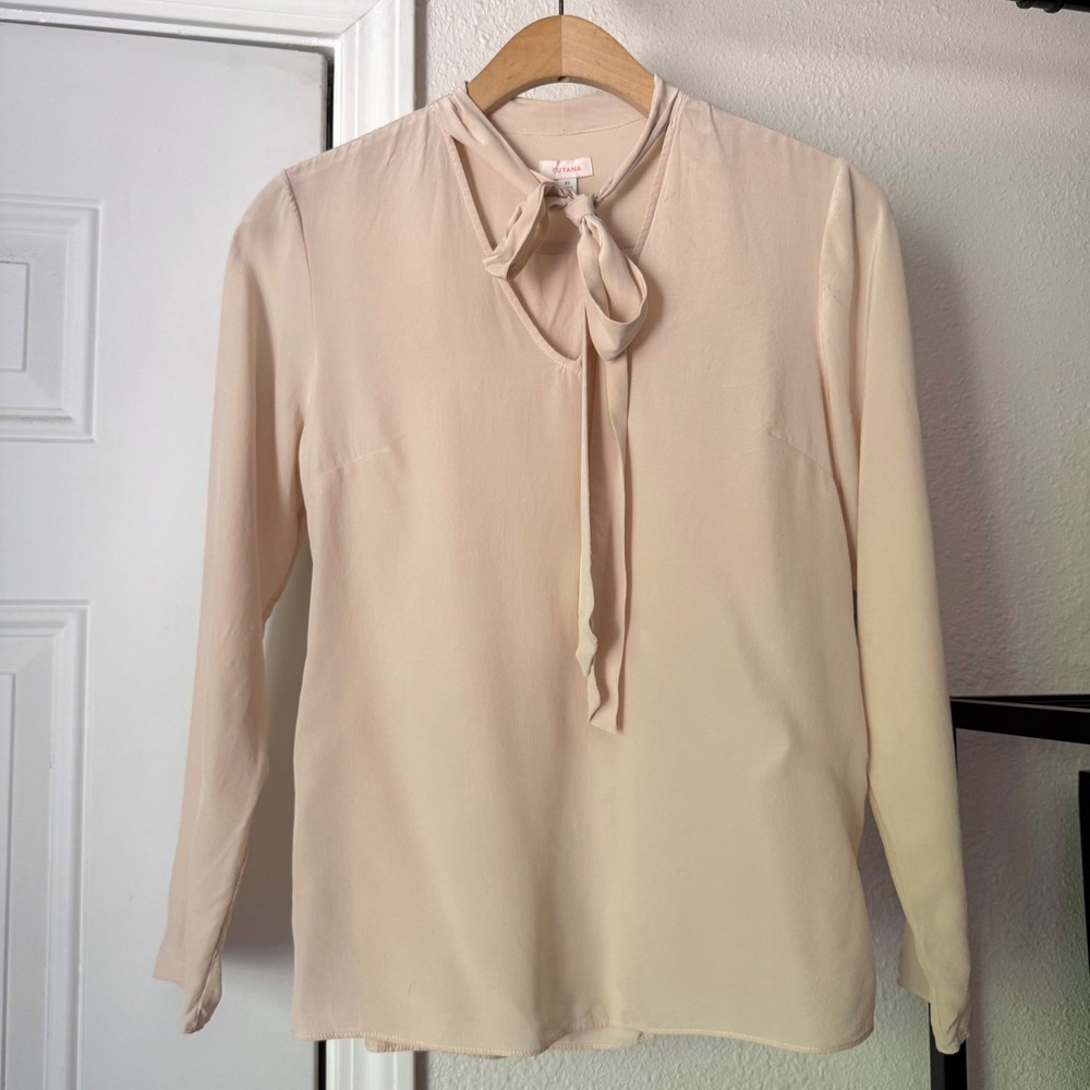 CUYANA silk peach tie neck long sleeve blouse shirt top
